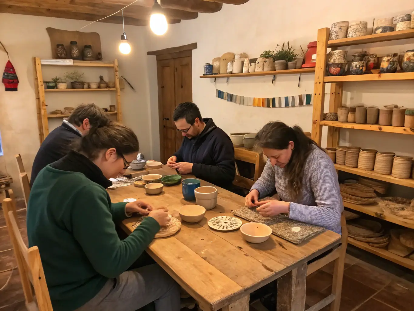 A photograph showcasing participants in a stone carving workshop at the Saint-Pierre Abbey, learning traditional techniques from a skilled artisan.