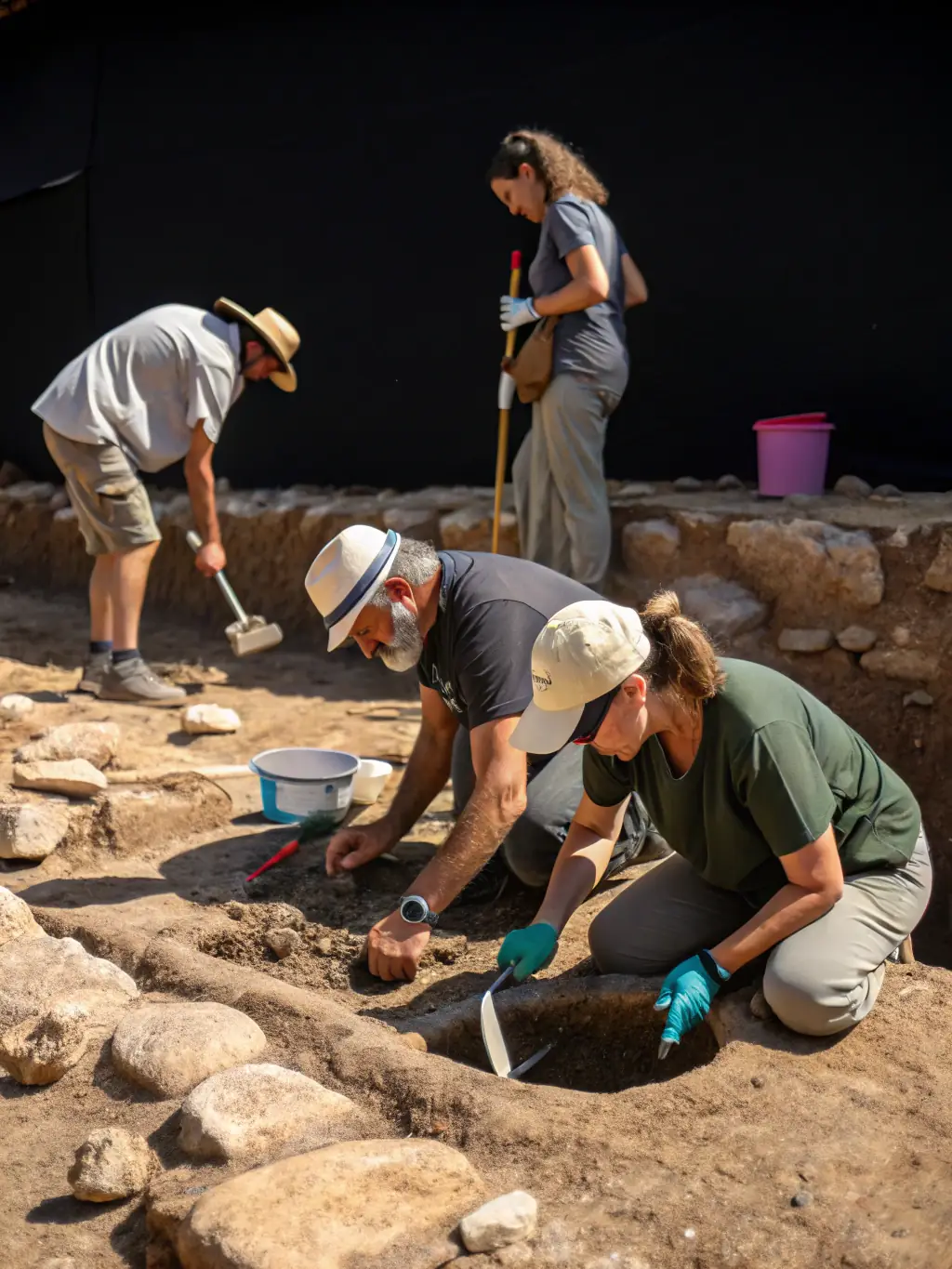 A photograph capturing a group of students participating in an archaeological dig at the Saint-Pierre Abbey, supervised by experienced archaeologists, focusing on uncovering historical artifacts.