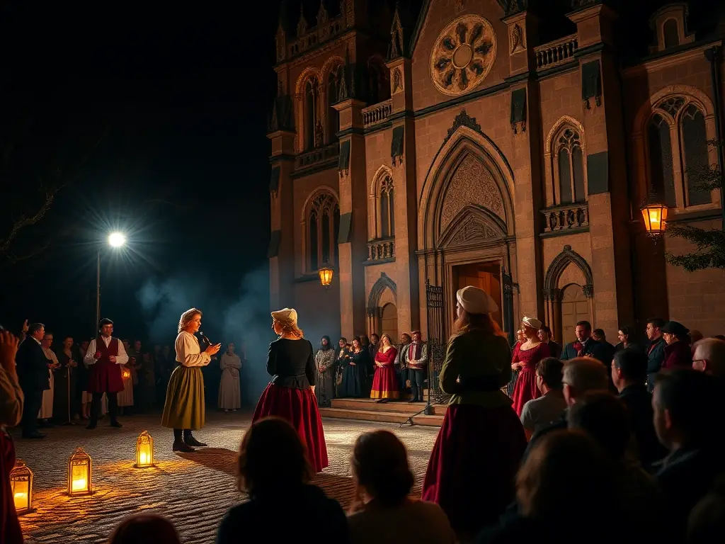 A photograph depicting participants in a historical reenactment event at the Chapelette de la Vierge, dressed in period costumes and engaging in activities that recreate historical scenes.