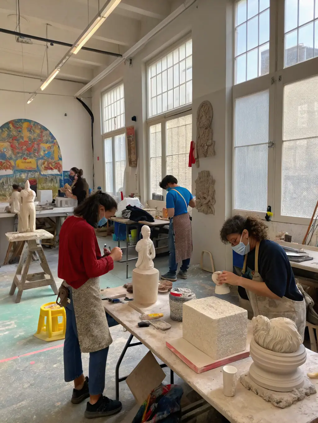A photograph of a workshop where participants are learning traditional stone carving techniques, with the Abbey's architecture serving as inspiration.