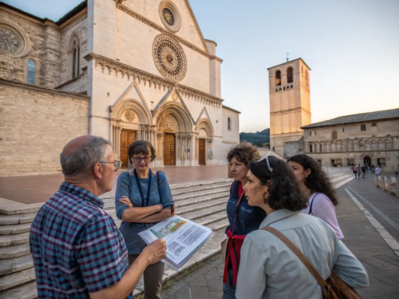 A photograph capturing a guided tour group inside the Saint-Pierre Abbey, with a knowledgeable guide explaining the historical significance of the architecture and artifacts to an attentive audience.